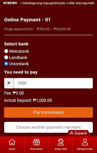 Step 2: Select a bank you want to pay from and fill in the amount deposit. 