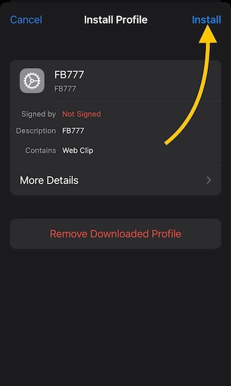 Step 4: Go to your phone's settings and select "Device Management and VPN". Then select the FB777 VIP profile and press "Install".